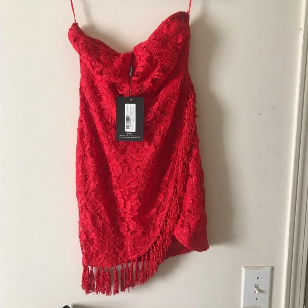 Red Bandeau Lace Bodycon Dress